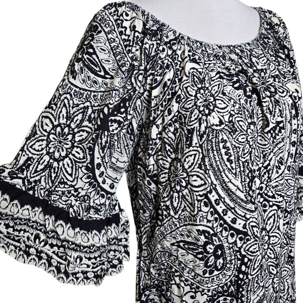 Umgee Boho Paisley Print Shift Dress Bell Sleeve Pocket Black White Size M